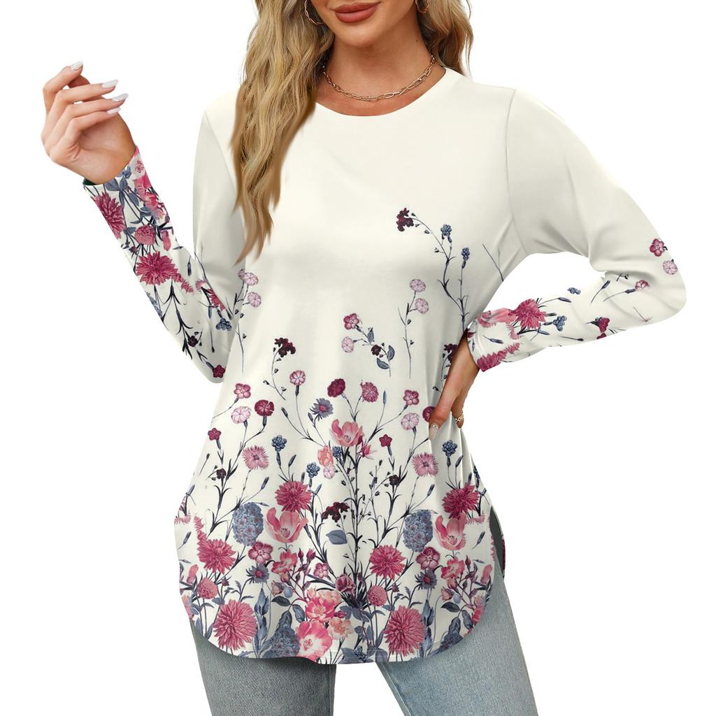 Женские рубашки с длинным рукавом и круглым вырезом, базовые свободные туники с боковым разрезом, повседневные рубашки с цветочным принтом