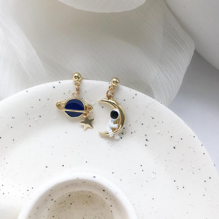 Серьги астронавта из серебра 925 пробы для женщин, асимметричные серьги-гвоздики из сплава со звездой и планетой Луной, короткие забавные ювелирные изделия, подарки подруге