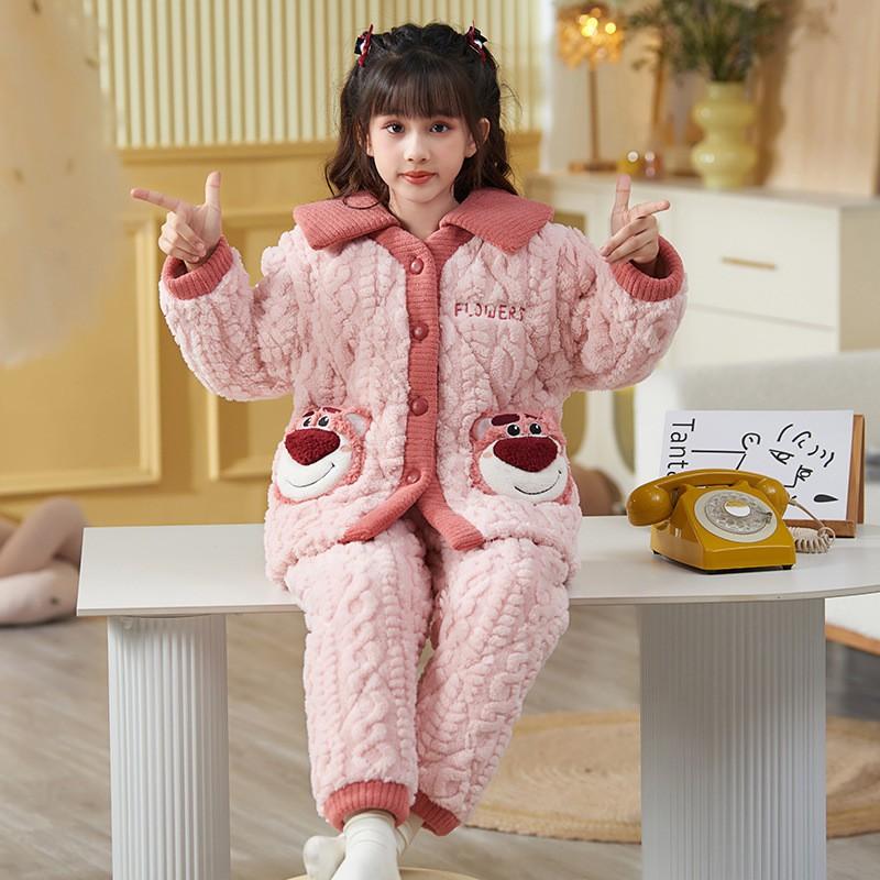 Girls Winter Warm Coral Fleece Pajamas Set Thick Quilted Flannel Sleepwear Kids 8-16 Years