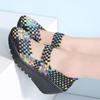 Fashion Women Summer Platform Woven Shoes Ladies Middle Chunky Heel Wedge Beach Sandals Casual Stretch Fabric Hollow Out Loafers Fashion
