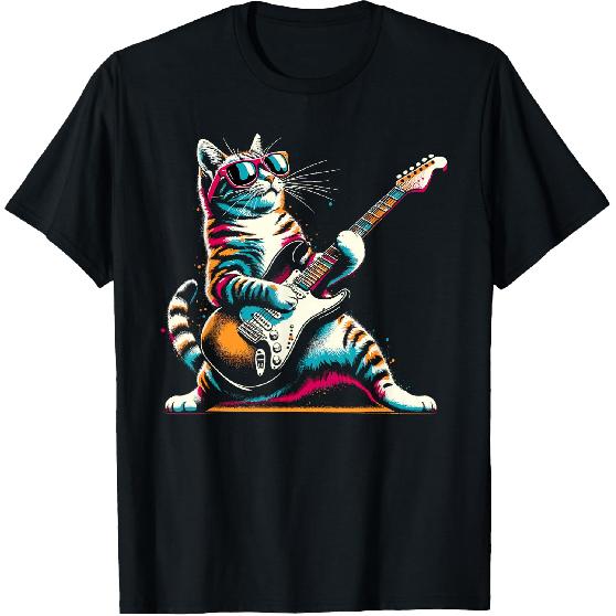 Guitar Cat Novelty Rock Music Band Concert Funny Cat T-Shirt