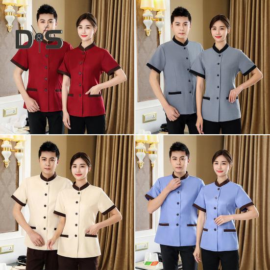 Униформа для ведения домашнего хозяйства в отеле, женская облегающая верхняя одежда с воротником-стойкой и короткими рукавами, однобортные карманы, рабочая униформа, топы