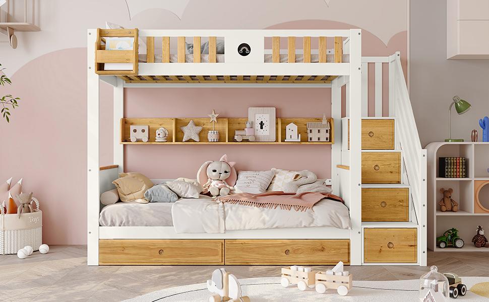 [315421234WAA]Bunk bed, frame made of pine wood and MDF, children's bed with 4 compartments in the stairs, 2 drawers, White+Natural, 90x200cm