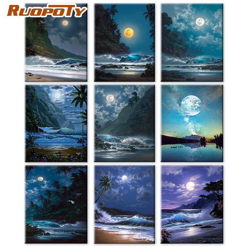 RUOPOTY DIY Painting By Numbers Moon Landscape Acrylic On Canvas Wall Art Picture By Numbers Seaside For Living Room