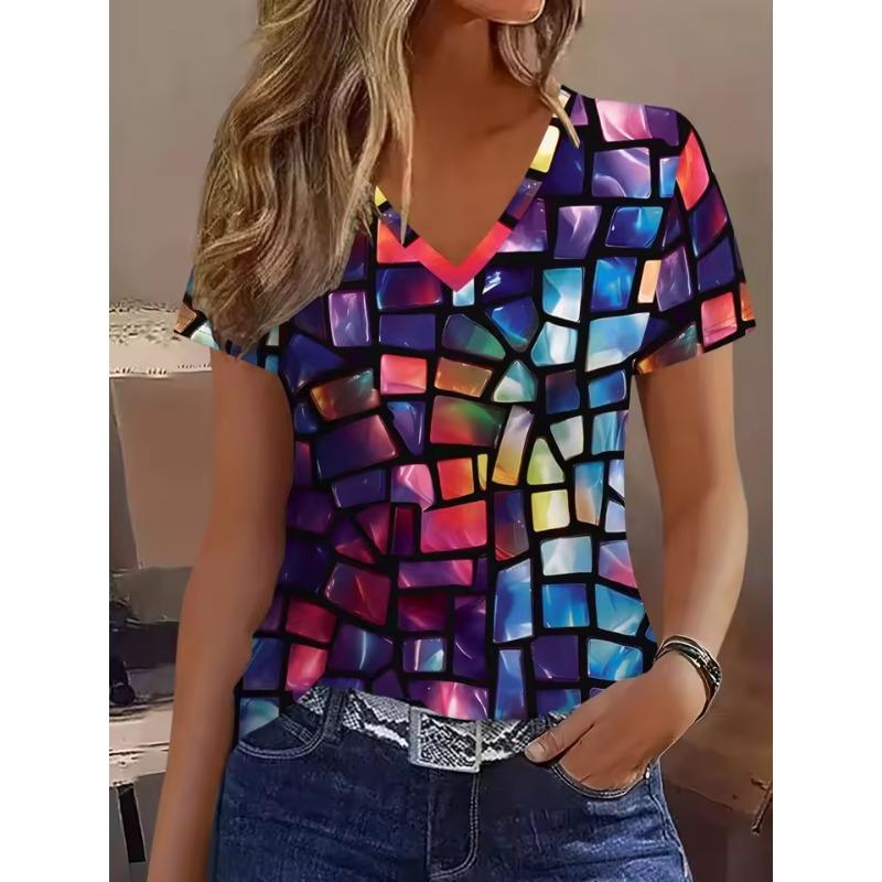 Fashion Women's Colorful T-Shirt 3D Print Casual Girls Y2k Funny Short Sleeve Tops Tees Summer V-Neck Women's Clothing