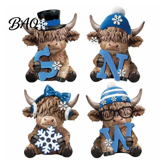 Small Bookshelf Figurine 4Pcs Christmas Highland Cow Figurine, Winter Blue Yak Statues with Snowflakes Xmas Comfortable Hand Feel Decor Hats,