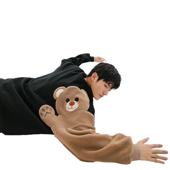 Мужская толстовка с напуском и вышивкой медведя, свободная флокированная студенческая толстовка