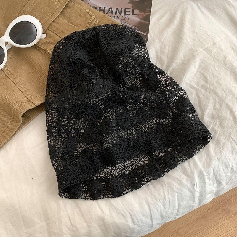Women's Floral Lace Hollow Head Wrap Hat Spring Summer Thin Breathable Slouchy Hat Korean Style Versatile Face Slimming Beanie