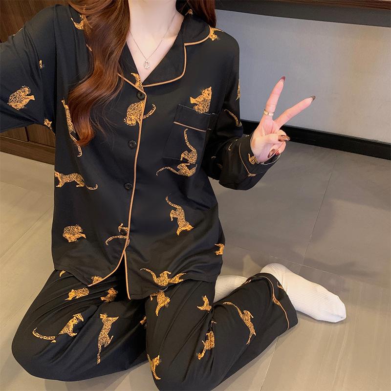 Women's Spring and Fall New Korean Advanced Sense of Leopard Pajamas Homewear Set Girls Casual Long-Sleeved Pajamas Homewear Set