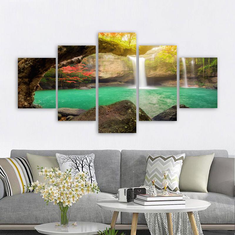 5 Panels Landscape Waterfall Posters and Prints Canvas Painting Wall Art Pictures Living Room Home Decor Lake Tree No Frame