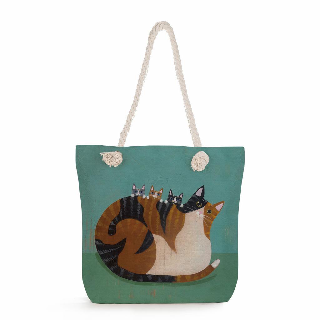 Cartoon cat print thick rope single-shoulder beach bag 7252