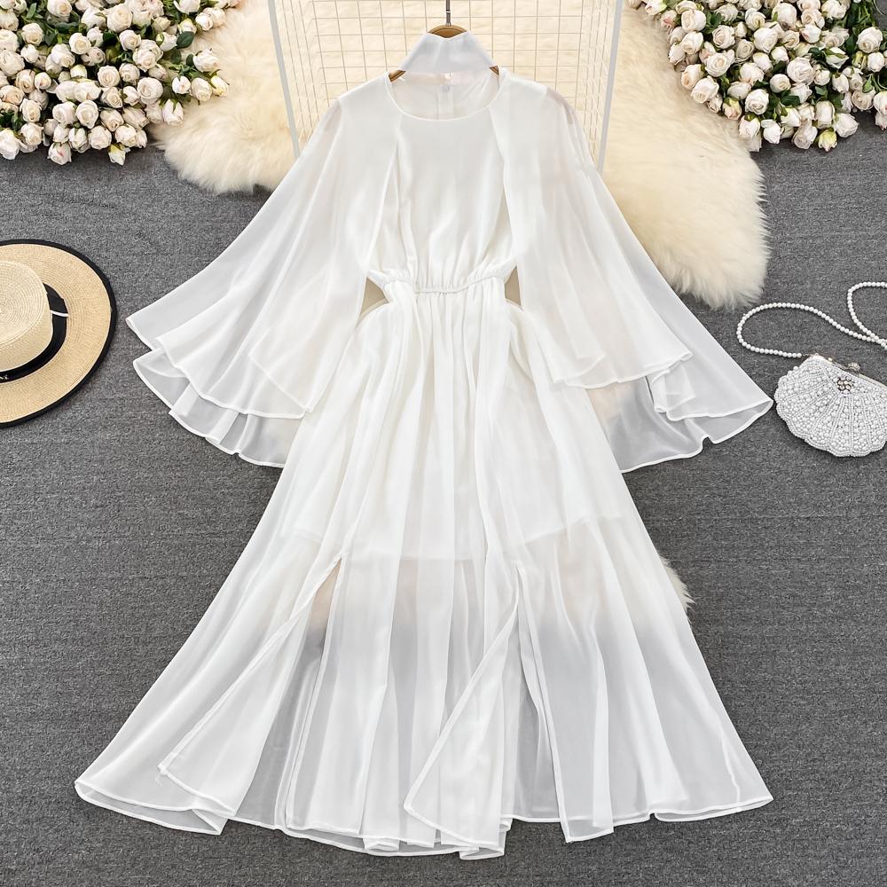 RUGOD Летнее легкое и знакомое стильное платье с круглым вырезом, рукавами в виде листьев лотоса, талией и тонким разрезом, платье трапециевидной формы, большое свободное платье