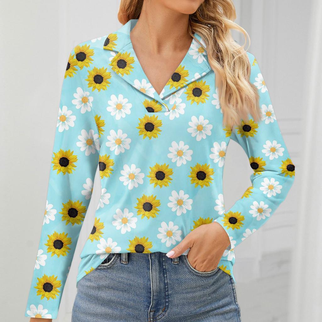 Women's Fashion Leisure Long Sleeve V Neck Flower Printing Top