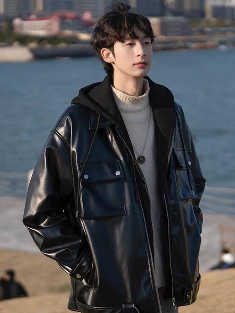 Мужская куртка с капюшоном из искусственной кожи в стиле ретро-американец для осени/зимы