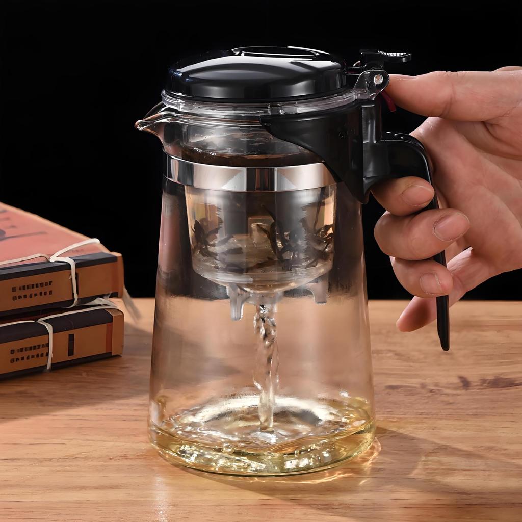 Элегантный жаропрочный стеклянный чайный набор с разделением чая и воды и фильтром, заварочный чайник большой емкости и чайная чашка.