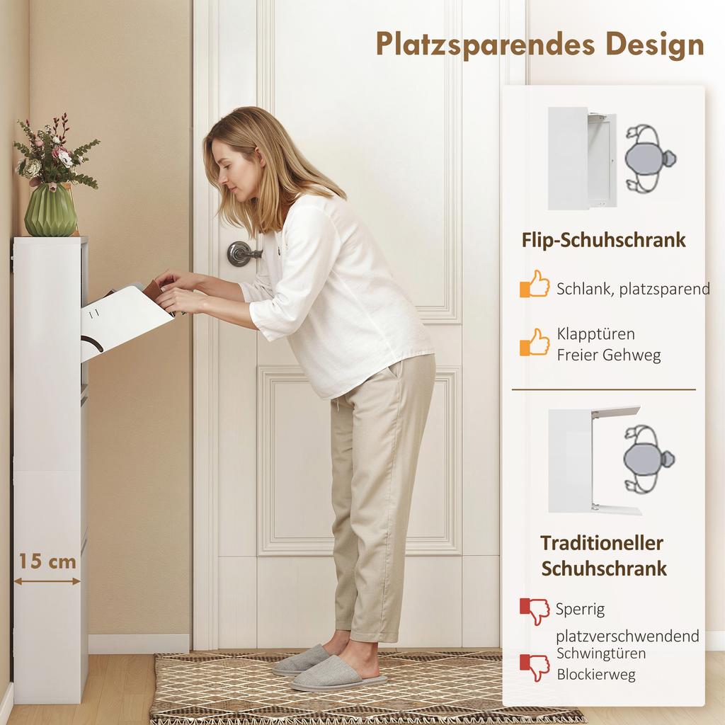 Metal Shoe Cabinet With 3 Flip Compartments Slim Wall Mounted Shoe Rack For 6 Pairs Of Shoes White