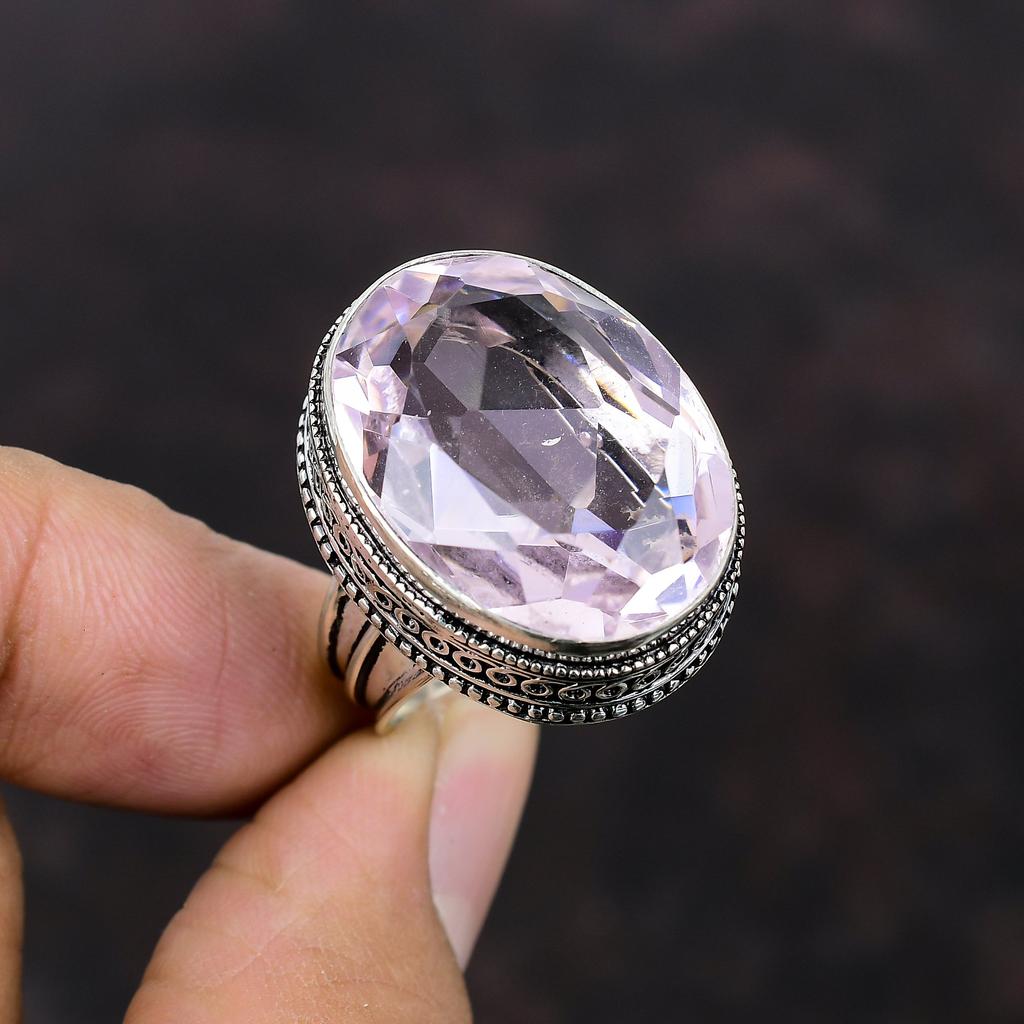 Граненое розовое кольцо с кунцитом, винтажное кольцо с драгоценными камнями, серебряное кольцо 925 пробы, изящное кольцо, серебряные украшения для подарка