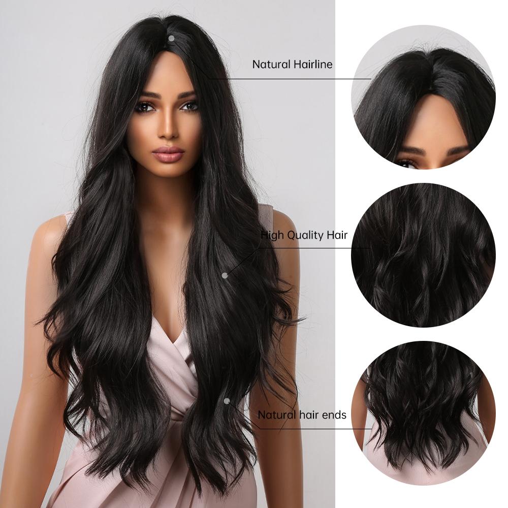 Long Black Synthetic Wigs Middle Part for Black Women Wavy Cosplay Hair Wigs Heat Resistant Fiber