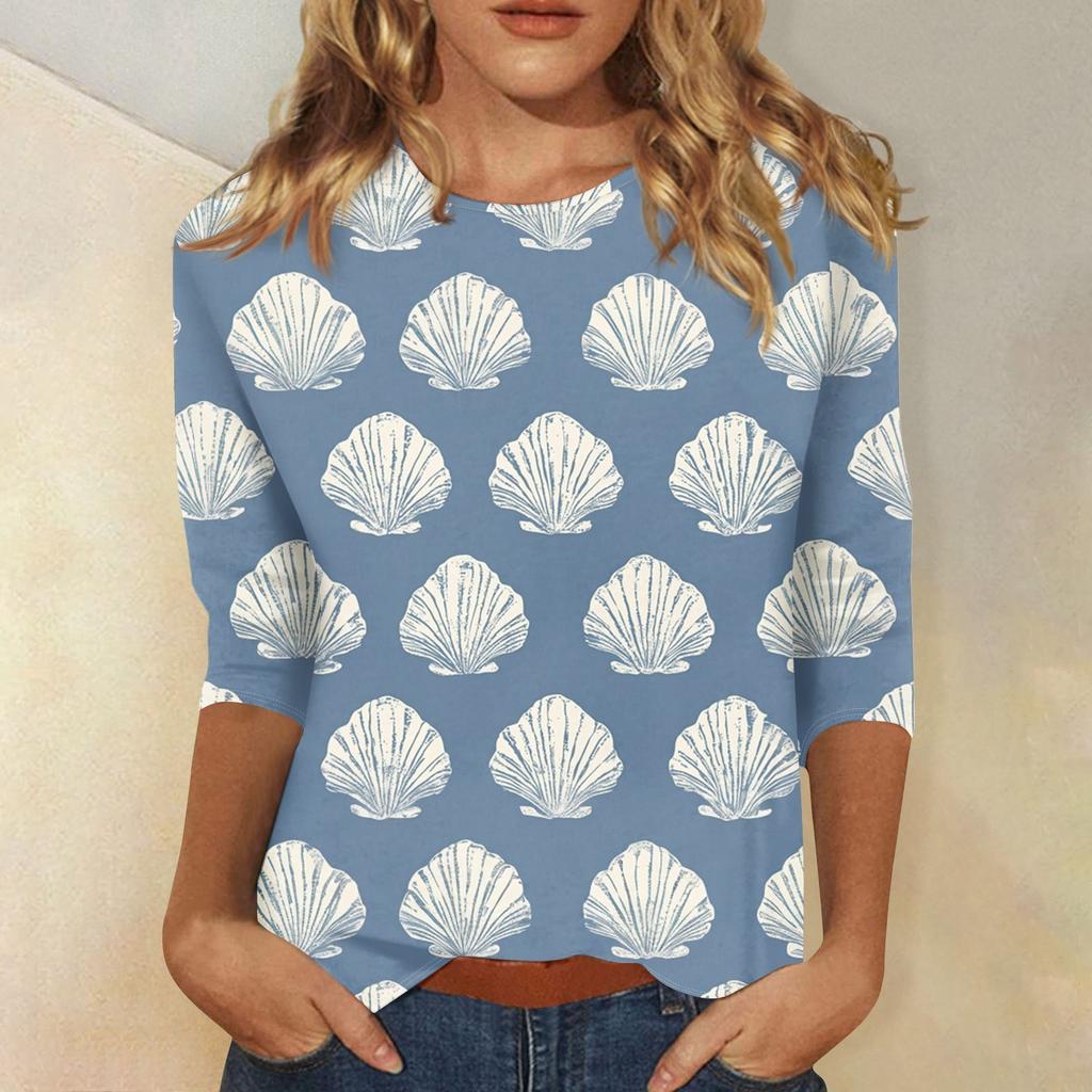 Женская модная повседневная футболка с круглым вырезом и рукавом 3/4, женский топ