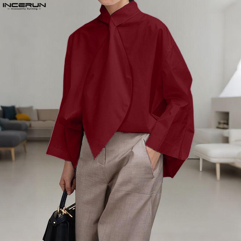 INCERUN Мужские рубашки оверсайз с воротником-стойкой, завязками и длинным рукавом, повседневные, свободного кроя