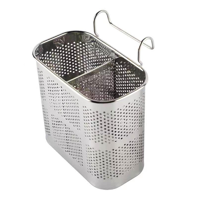 Stainless Steel 2-Compartment Chopstick Holder With Perforated Drain, Thickened Edges For Kitchen Utensil Storage