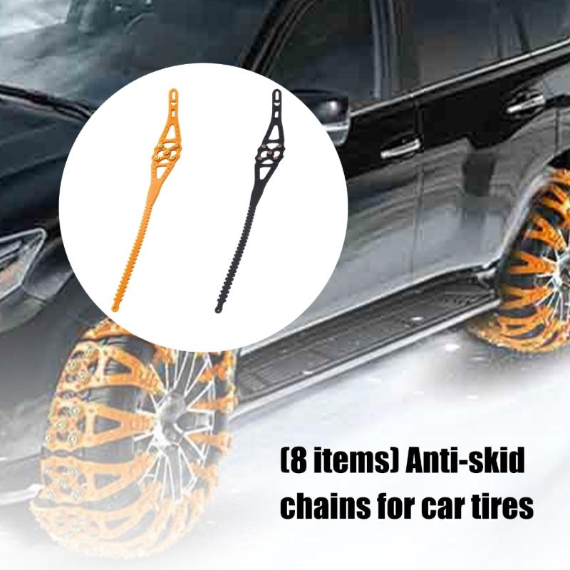 Snow Tire Chains with Individual Over-Tire Sections and Metal Contact Cups for Temporary Roadside Fitting and Use