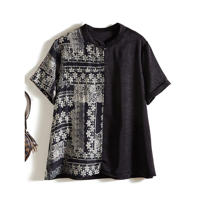 Classy Yuan Quality! Temperament Commute Women's Summer Satin Poplin Silk Patchwork Stand-up Collar Loose T-shirt Summer Blouse