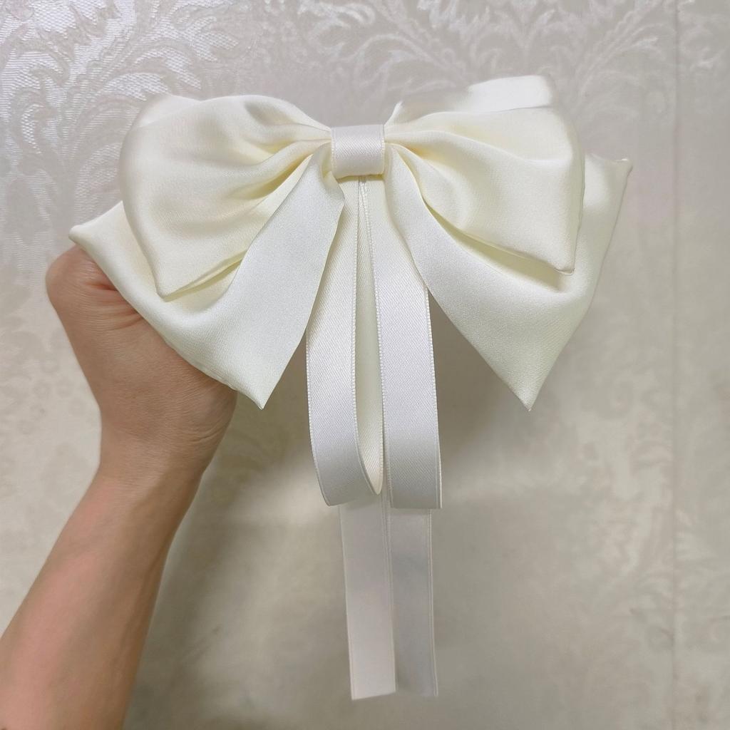 Children's Large Bow Hair Clip  Princess Style Satin Wine Red Ribbon Hair Clip  Back of The Head with A Headband  A Female Hair Accessory