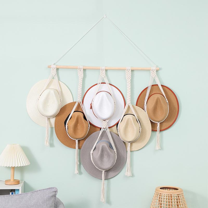 Nordic Boho Cotton Rope Hanging Hat Organizer Display Rack Cap Holder Scarf Hanger Macrame Home Wall Decor