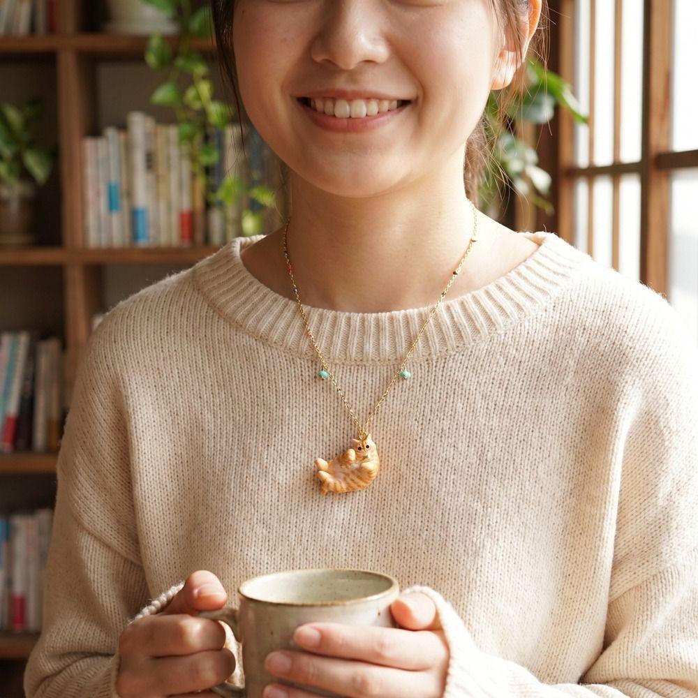 18K Gold Plated Stainless Steel Cat Necklace Copper Gold Clavicle Chain Cat Pendant Necklace Gifts