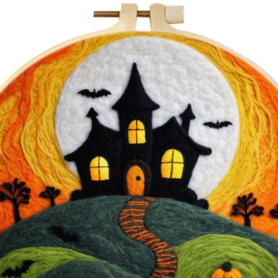Halloween Needle Felting Kit Beginner Felt Craft Set DIY Felt Painting with Faux Wool Needle Frame Stamped Fabric for Adults Handcraft Lovers