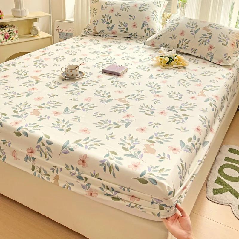 Floral Leaves Pattern Fitted Sheet Set 100% Cotton Comfortable Soft Bedding Set Plants Printed Mattress Cover with Pillowcases
