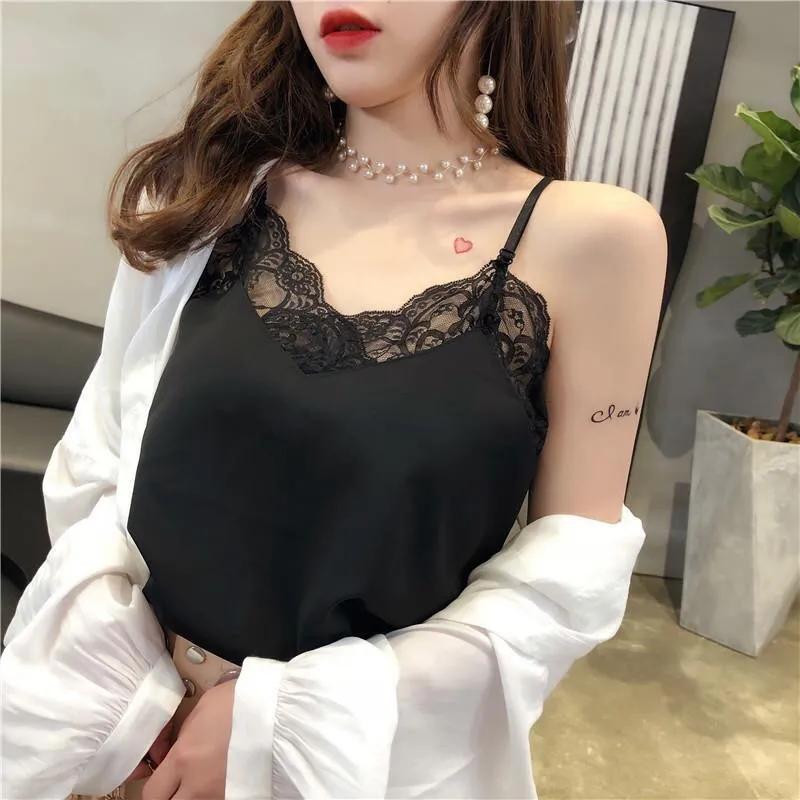 White Suspender Female Lace Vest Summer Suit with V-neck Large Top Lace Bottom Loose Solid Casual Top