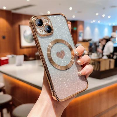 Чехол для iPhone 15, совместимый с MagSafe, градиентный, с гальваническим покрытием TPU, с сердечком