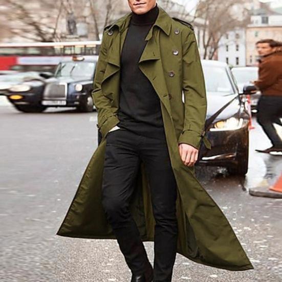 Men Trench Coat Lapel Long Sleeve Solid Color Windbreaker Double Breasted Long Style Outdoor Business Outwear