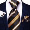 Hi-Tie Dark Gold Plaid Jacquard Mens Silk Tie Classic Necktie Cufflink Hanky Set