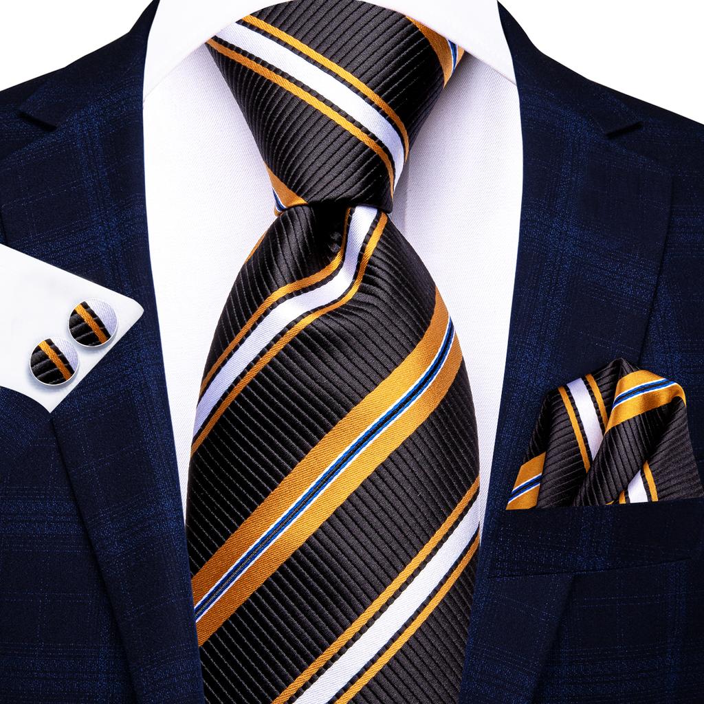 Hi-Tie Dark Gold Plaid Jacquard Mens Silk Tie Classic Necktie Cufflink Hanky Set