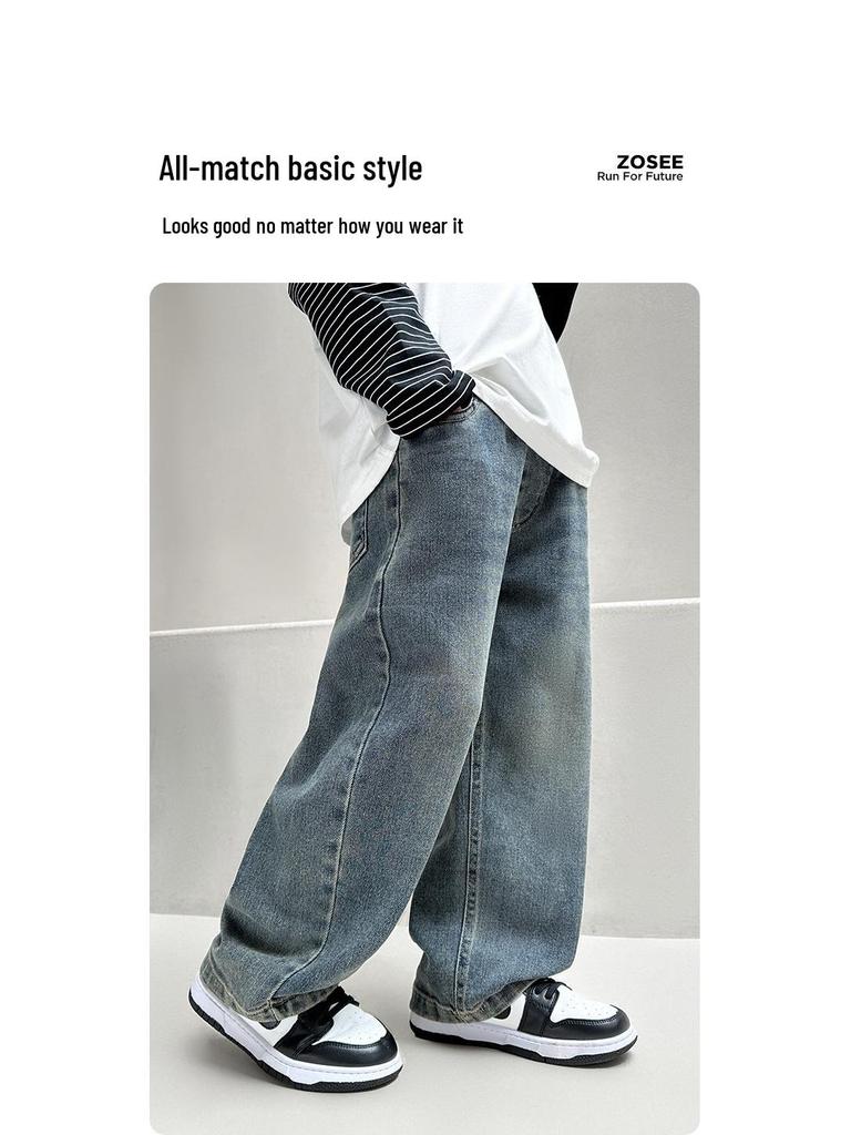 Джинсы прямого кроя на флисовой подкладке для мальчиков, новый стиль 2025 года, для детей среднего и старшего возраста