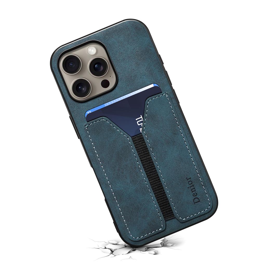 DENIOR For iPhone 16 Pro Max Case Elastic Card Holder PU Leather+TPU+PC Phone Cover