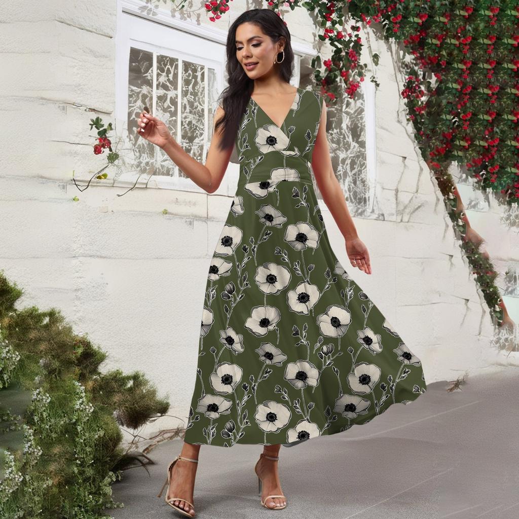 Women's Casual And Fashionable Floral Print V-Neck Sleeveless Dress Sleeveless Dress