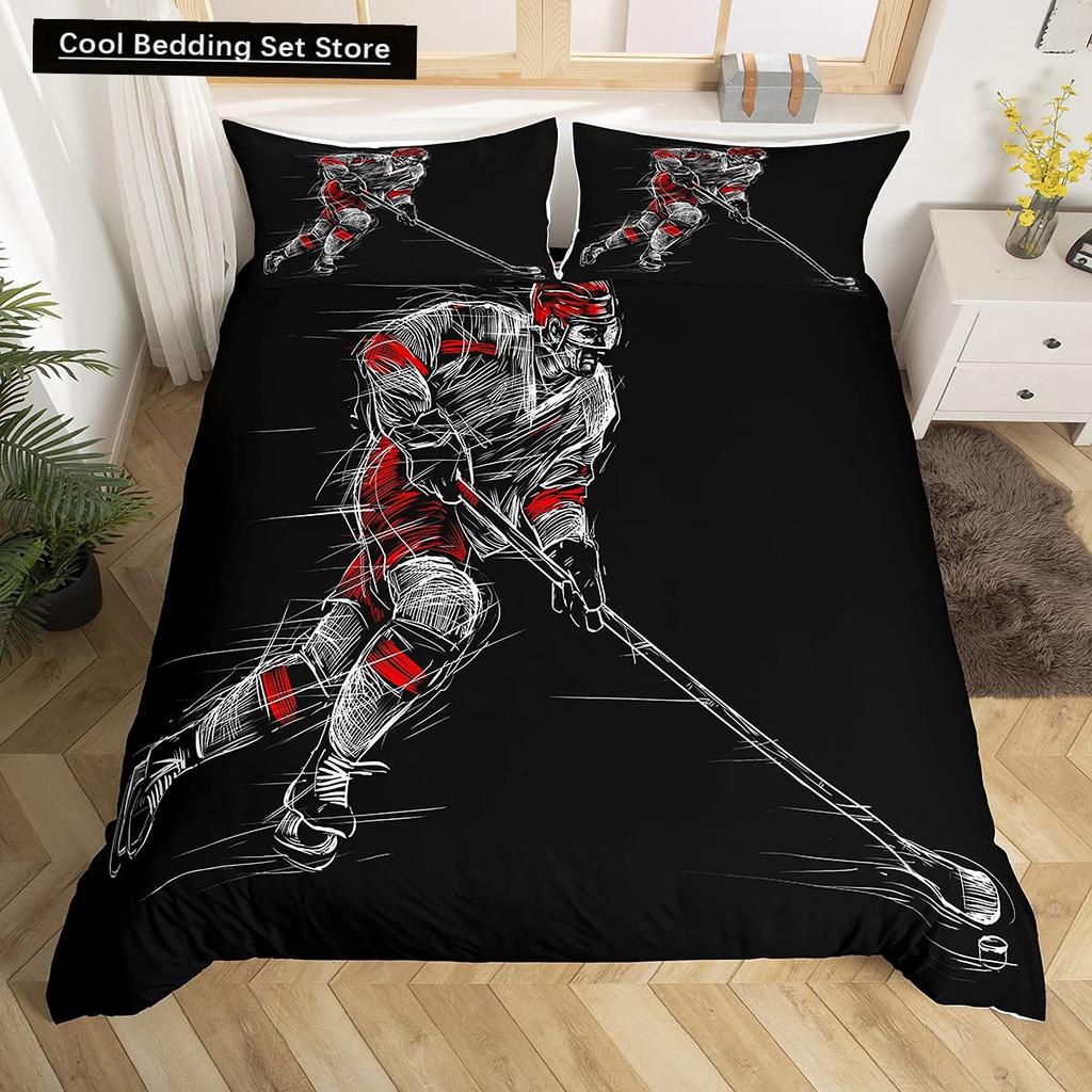 Хоккей Спорт King Queen Пододеяльник Burning Hockey Ball Комплект постельного белья для подростков Спортсмен Черный 2/3 шт. Полиэстер Пододеяльник