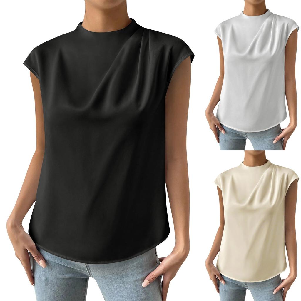 Женская повседневная элегантная атласная плиссированная рубашка с круглым вырезом, однотонный пуловер без рукавов, официальная рабочая рубашка, топ