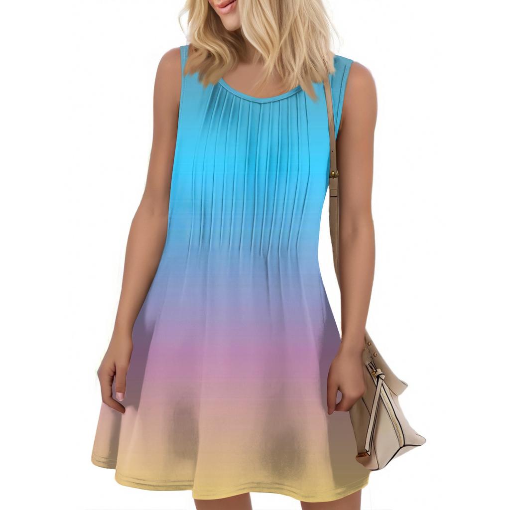 Ladies Fashion Summer Gradient Print Dress Loose Beach Vacation Casual Sleeveless Sundress