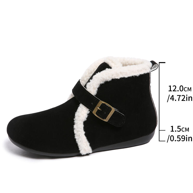 Warm Short Plush Suede Snow Boots Women 2025 Winter Metal Buckle Fluffy Fur Ankle Boots Furry Flat Heel Casual Shoes Plus Size