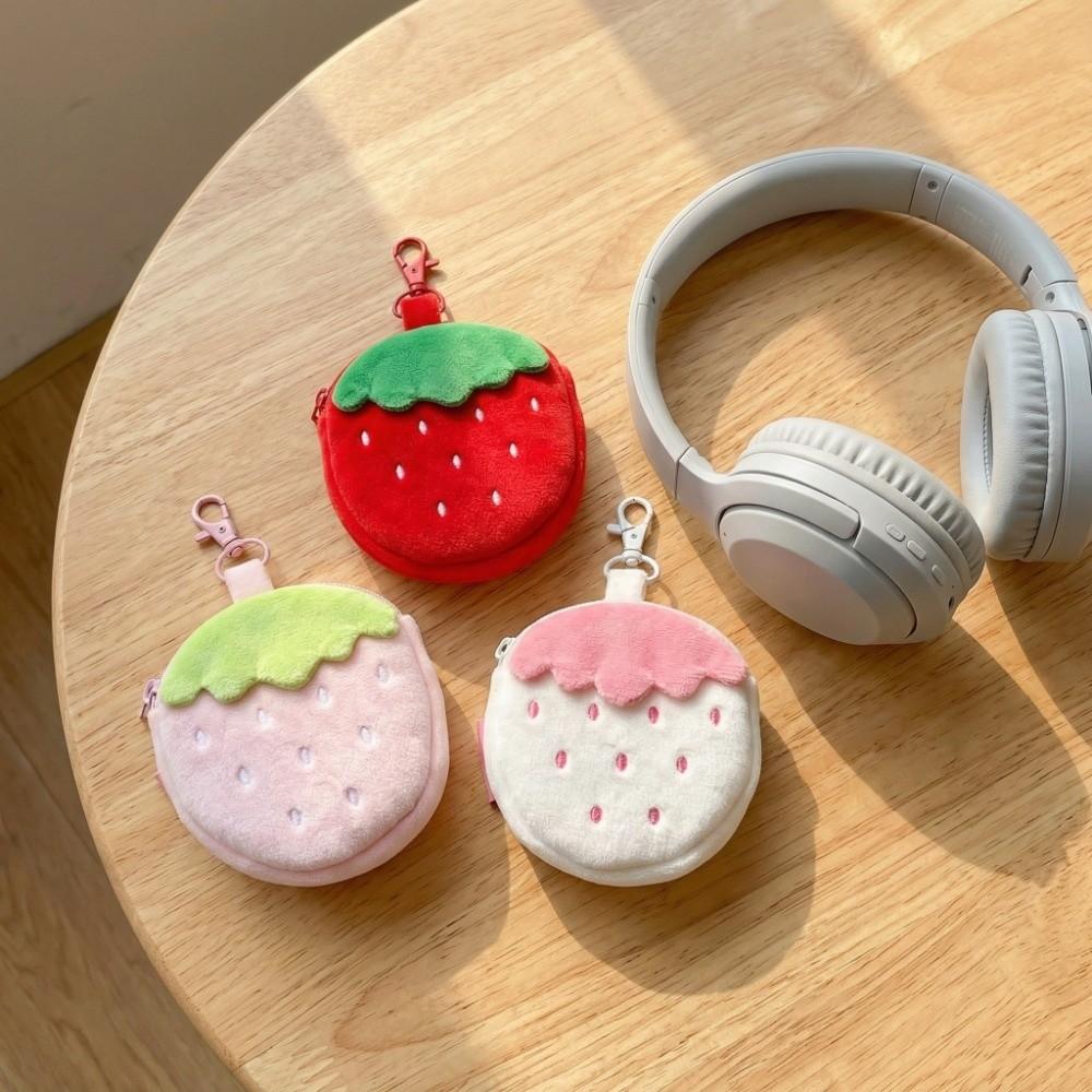 Zipper Design Plush Strawberry Keychain Lipstick Card Bag Earphone Bag Gift Giving