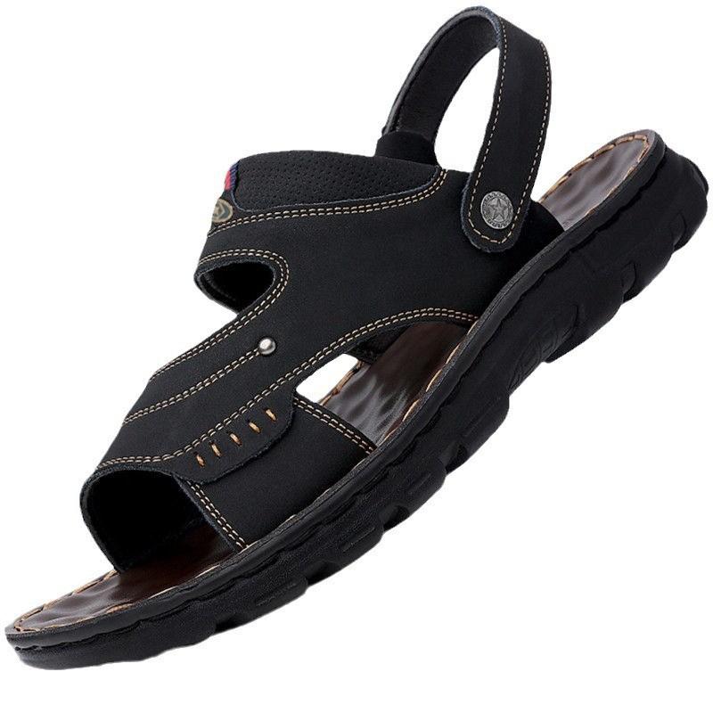 Мужские летние новые сандалии и тапочки, мужские кожаные сандалии для взрослых, пляжная обувь на толстой подошве, нескользящие кожаные сандалии с открытым носком