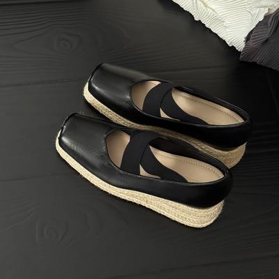 Корейская версия балеток 8 см внутренняя высота увеличение короткие туфли 2025 новый соломенный платформа крест с клиновидным каблуком одинарные туфли