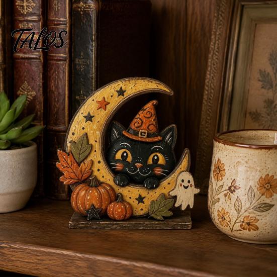 Водонепроницаемые ornaments из массива дерева Хэллоуин Ретро Тыква Колдунья Кошка Призрак Фигурки на Основании в виде Полумесяца, Жуткие Винтажные Осенние Праздничные Принадлежности
