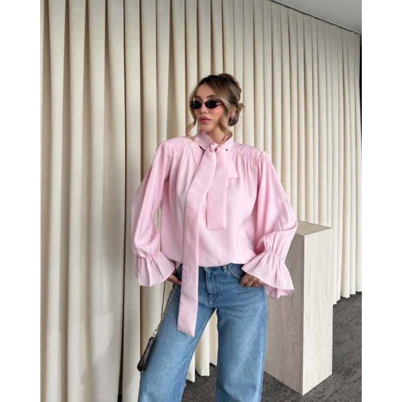 2026 Womens Long Sleeve Blouse With Ruched Detail Tie-Neck Puff Slimming Fit Elegant Casual Shirt