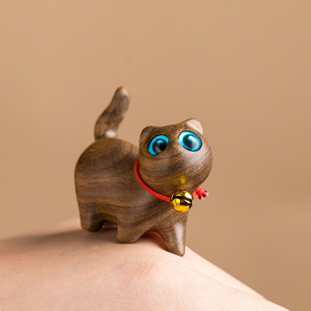 Kawaii Wooden Carved Figurine Mini Rainbow Car Ornament Cat Desktop Figurine Car